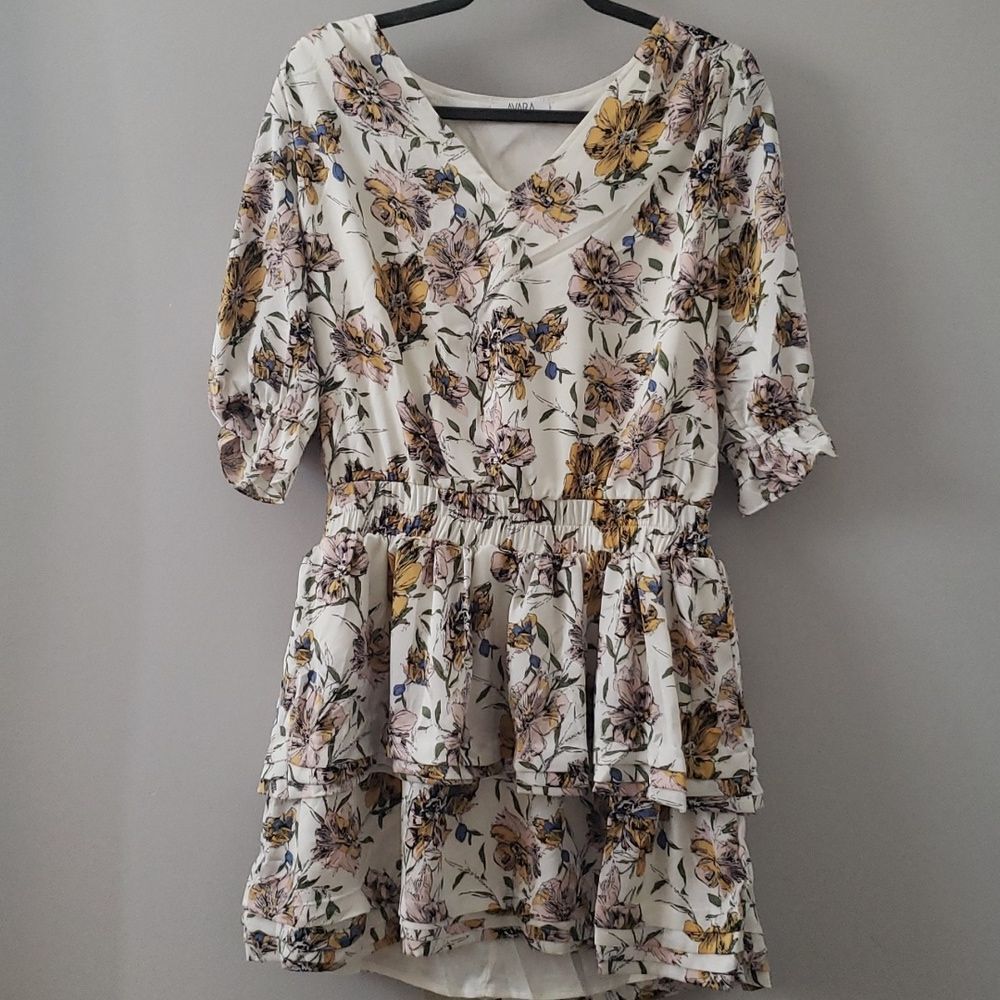 Avara Dress Womens Large Floral V Neck Puff Sleeve Smocked Waist Tiered